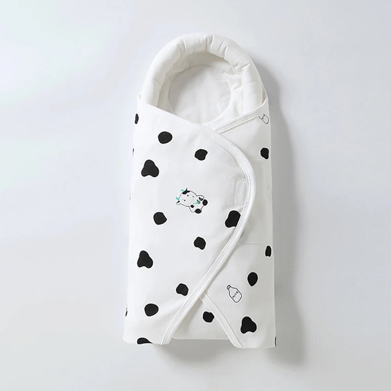 Couverture d'emmaillotage bébé en coton à capuche, motif Vache noir et blanc