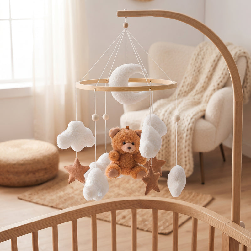 Mobile Bébé en Bois et Feutrine – 8 Styles, Support en Bois en Option