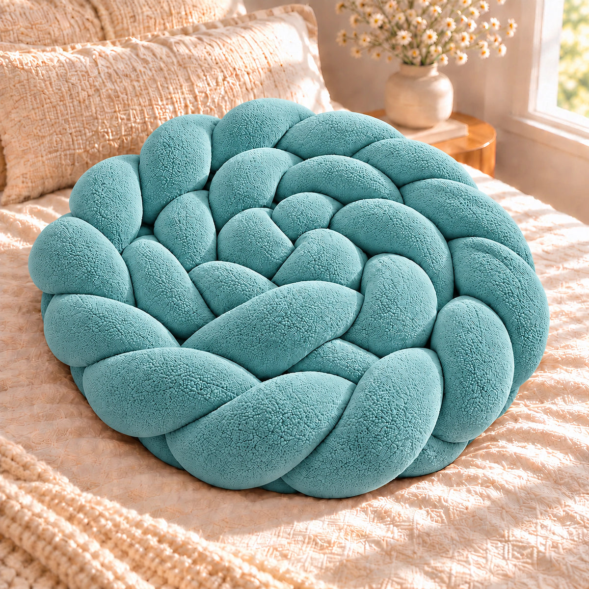 Tour de lit bébé tressé, coloris Bleu canard, enroulé en spirale