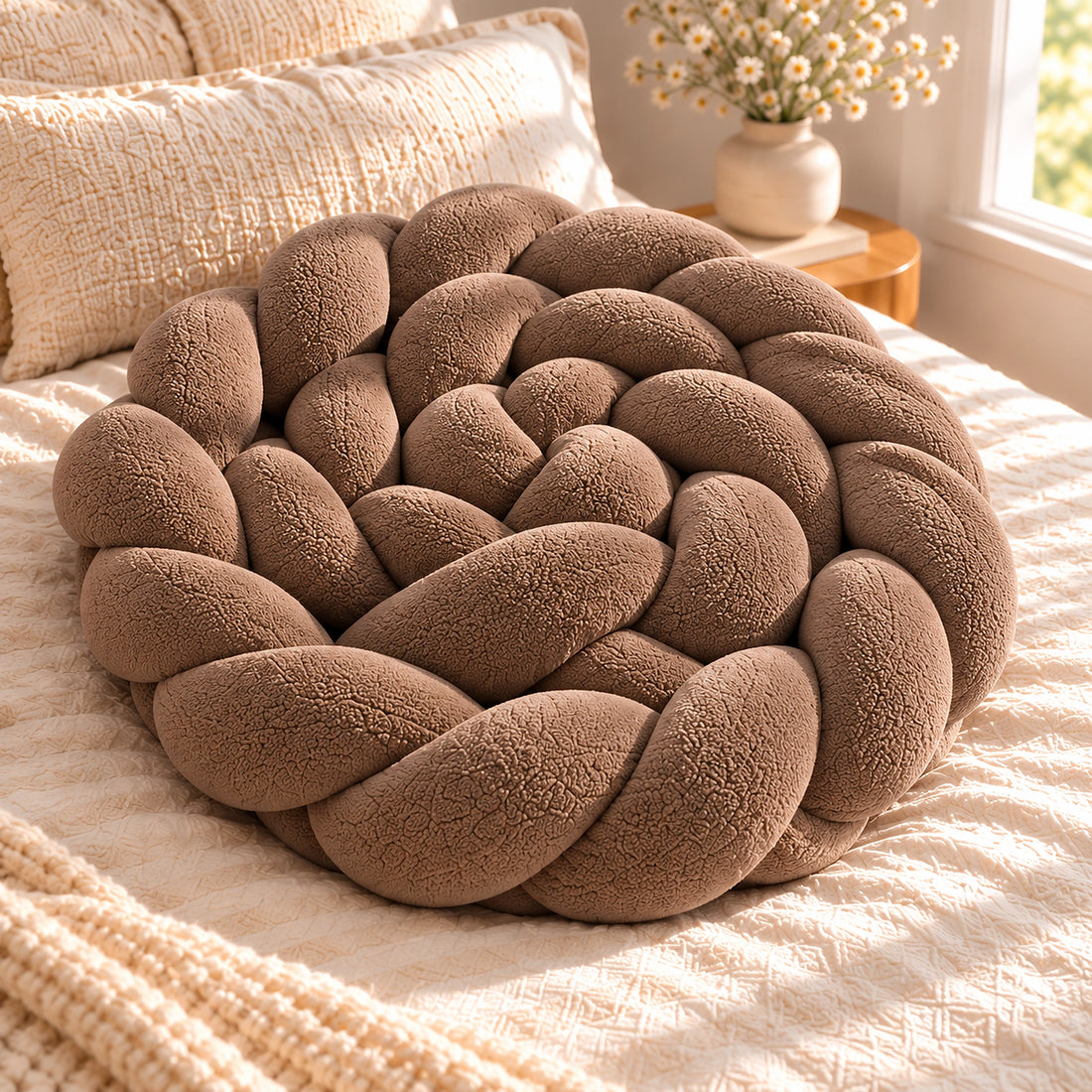Tour de lit bébé tressé Caramel, enroulé en spirale sur un lit