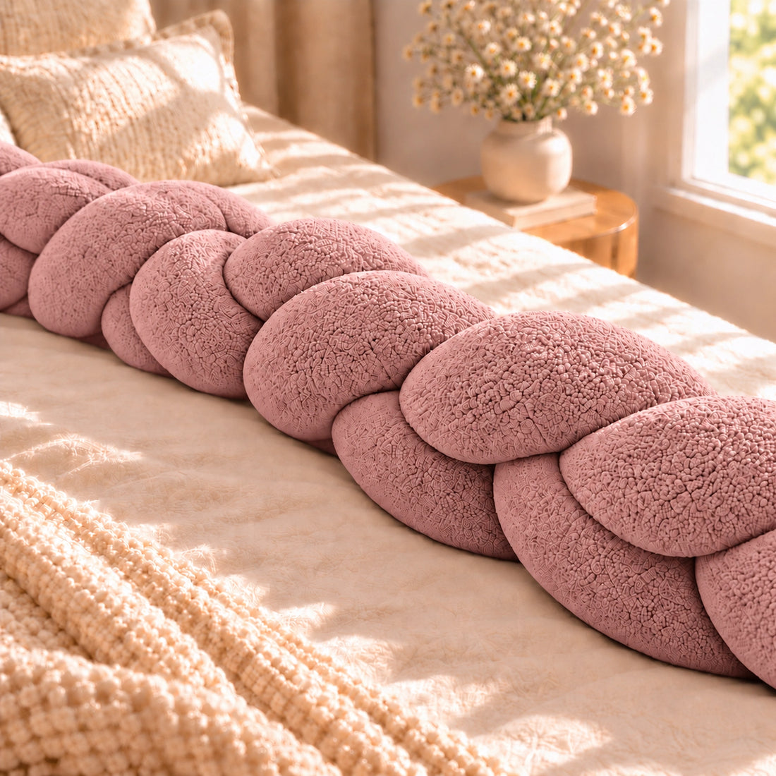Tour de lit bébé tressé Rose, déplié sur un lit
