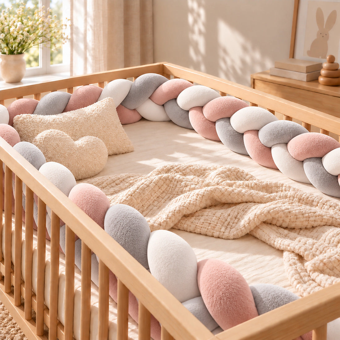 Tour de lit bébé tressé rose, gris et blanc — vue produit 2