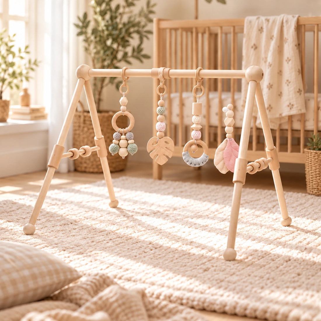 Arche d’éveil en bois pliable avec pendentifs incluse dans le pack