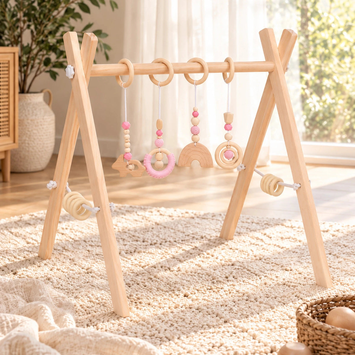Arche d’éveil en bois pour bébé – variante Rose – vue principale