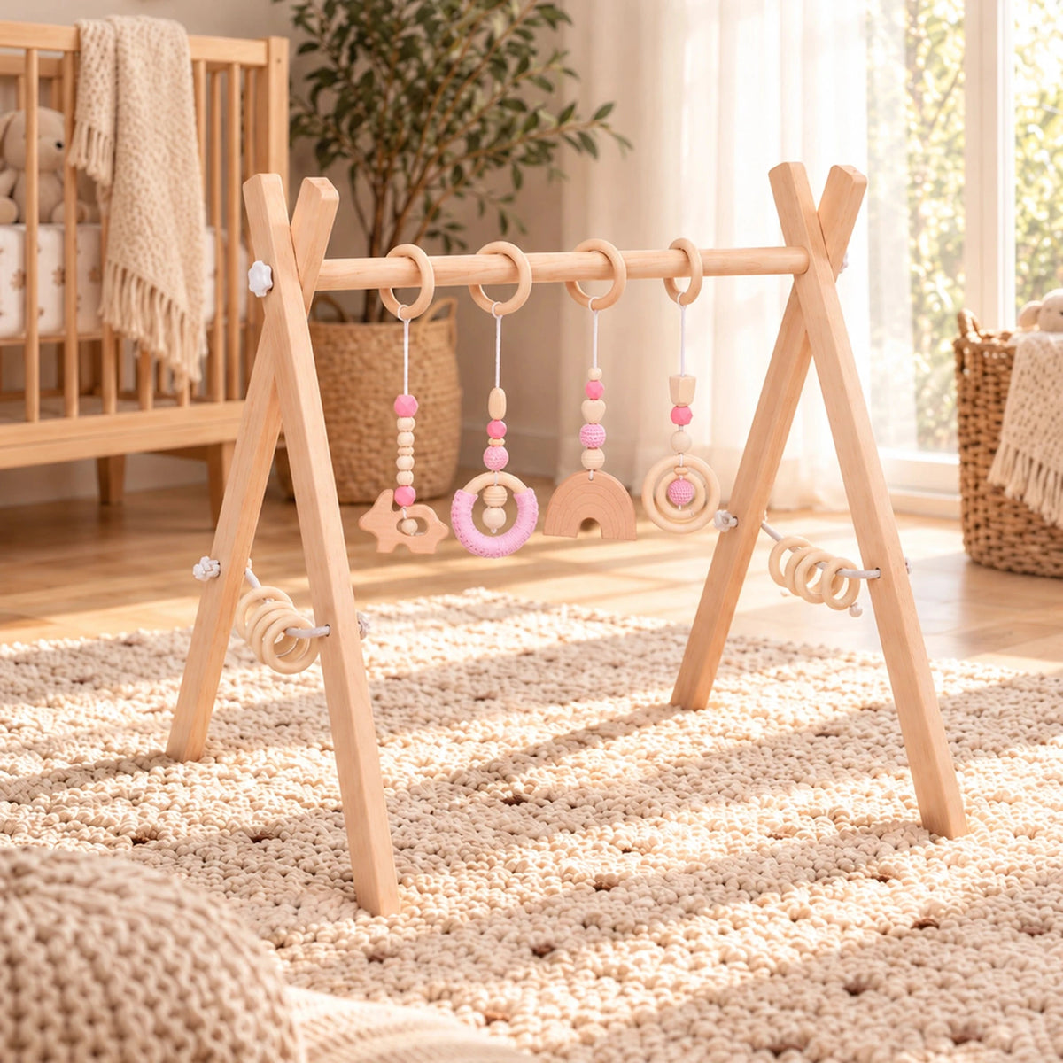 Arche d’éveil en bois Rose dans une chambre de bébé