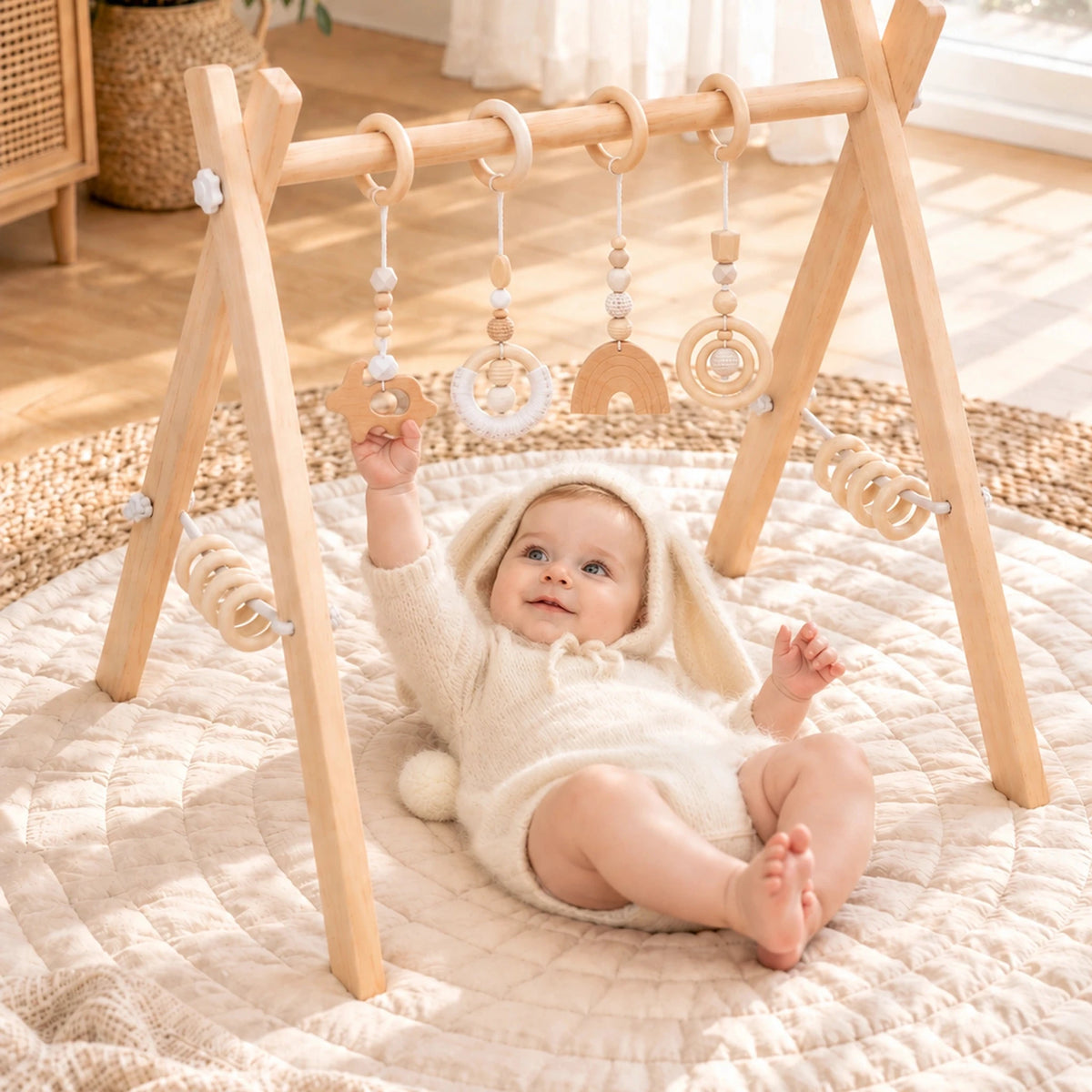 Bébé allongé sous l’arche d’éveil – variante Blanc
