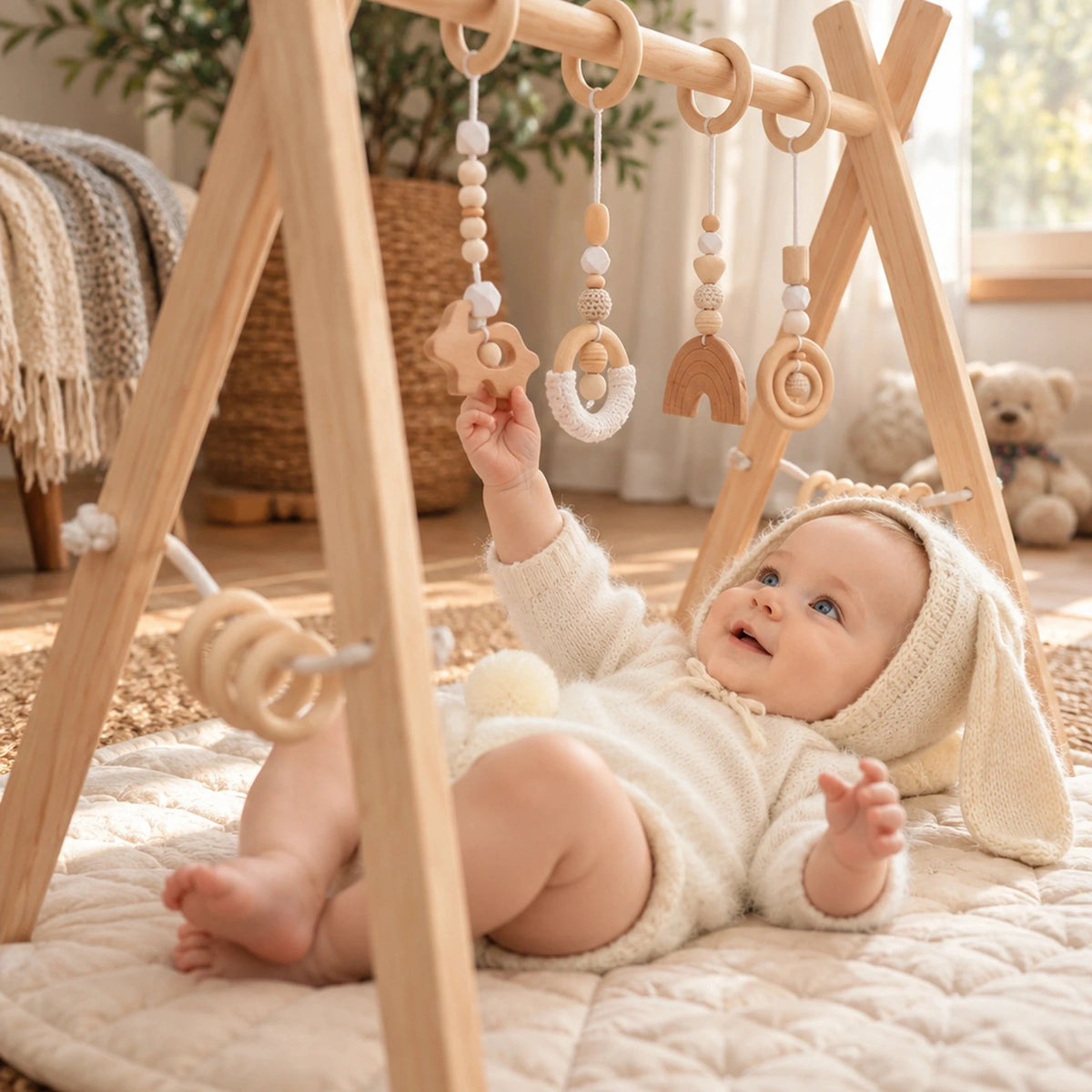 Bébé jouant sous l’arche d’éveil Blanc – vue latérale