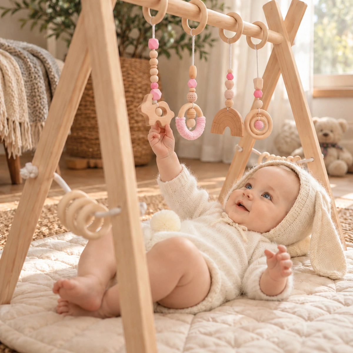 Bébé jouant sous l’arche d’éveil Rose – vue latérale