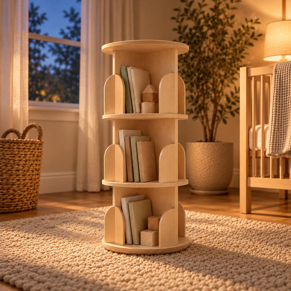 Bibliothèque Montessori en bois naturel, ambiance chaleureuse du soir