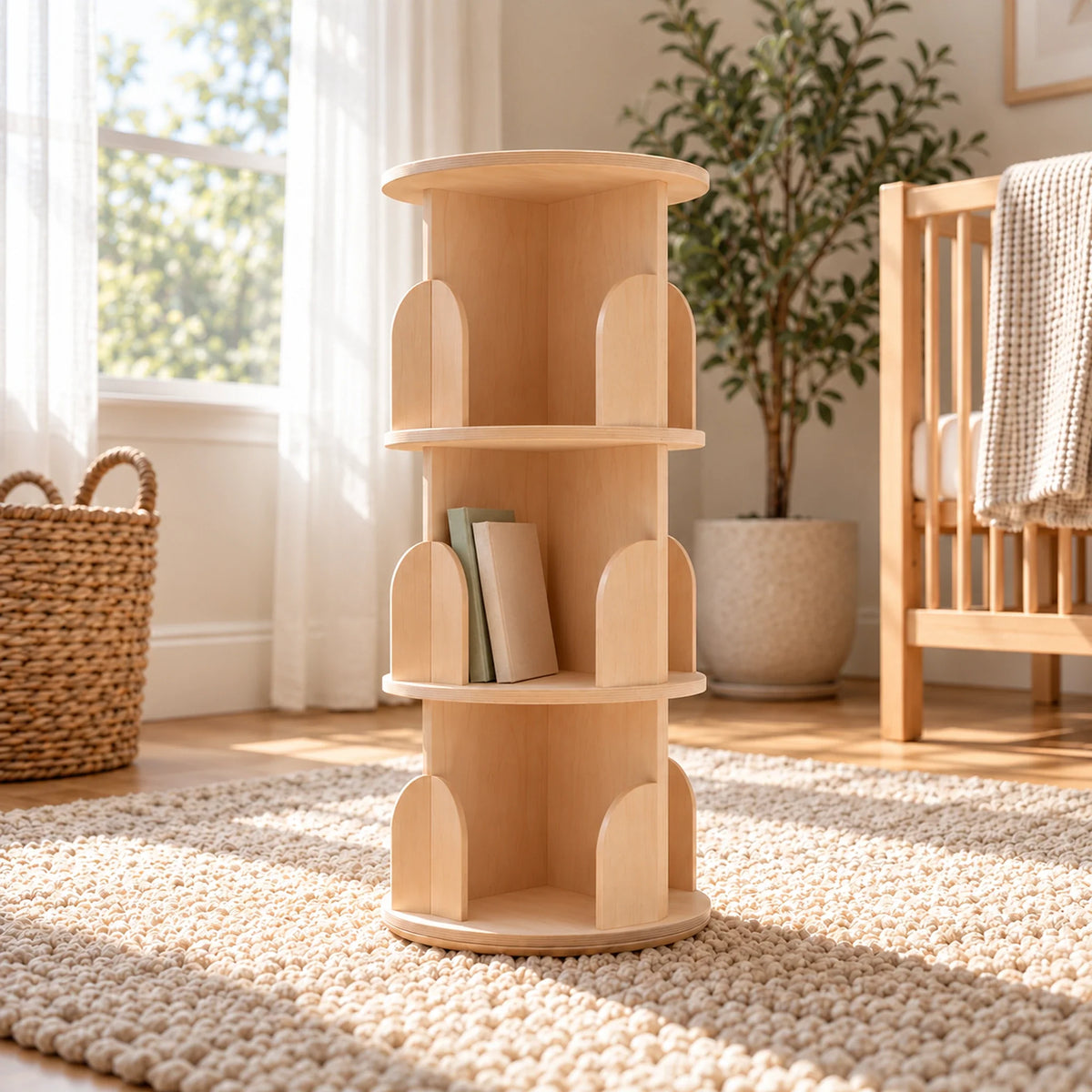Bibliothèque Enfant Tournante en Bois Naturel – 3 Étages Montessori