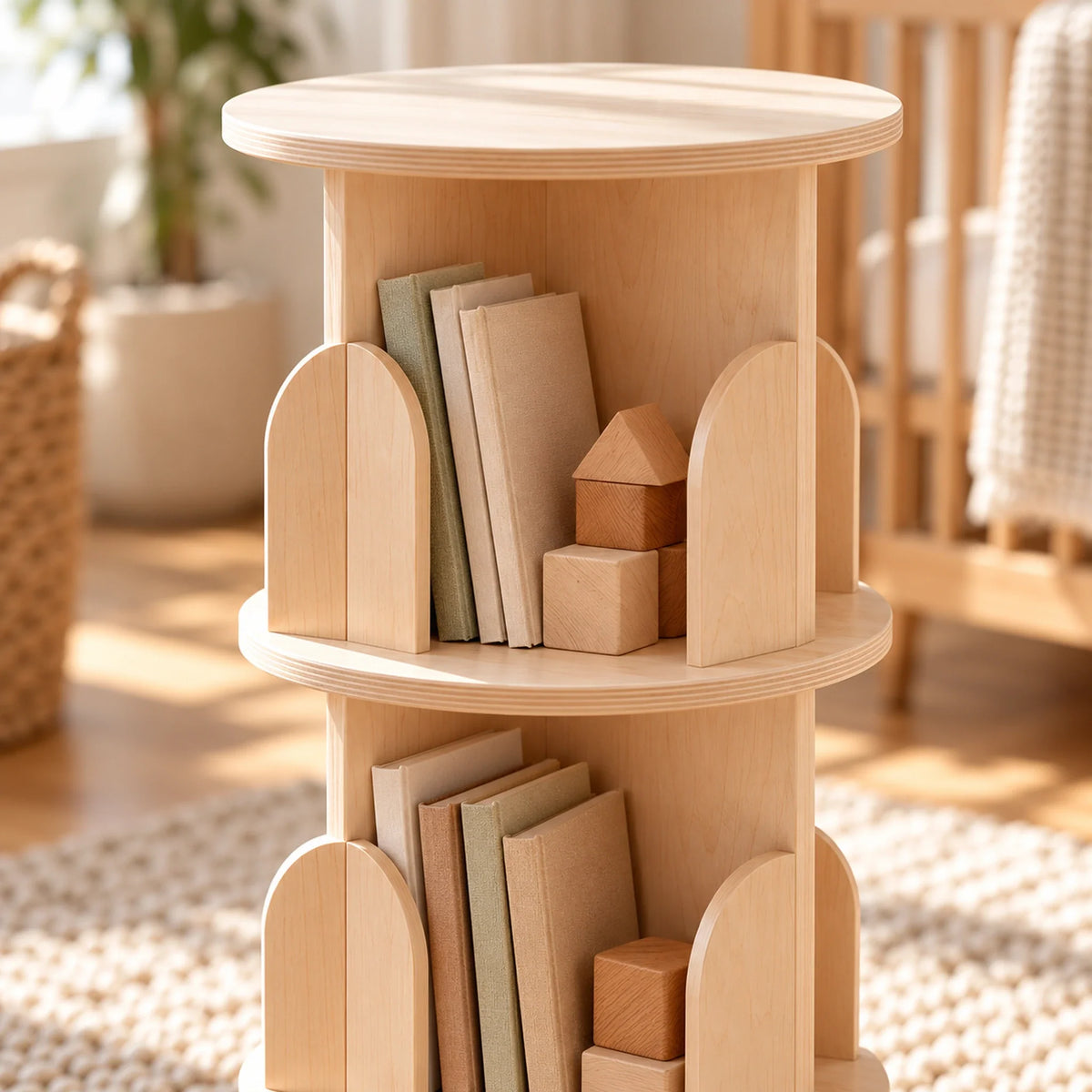 Détail des compartiments supérieurs de la bibliothèque enfant tournante