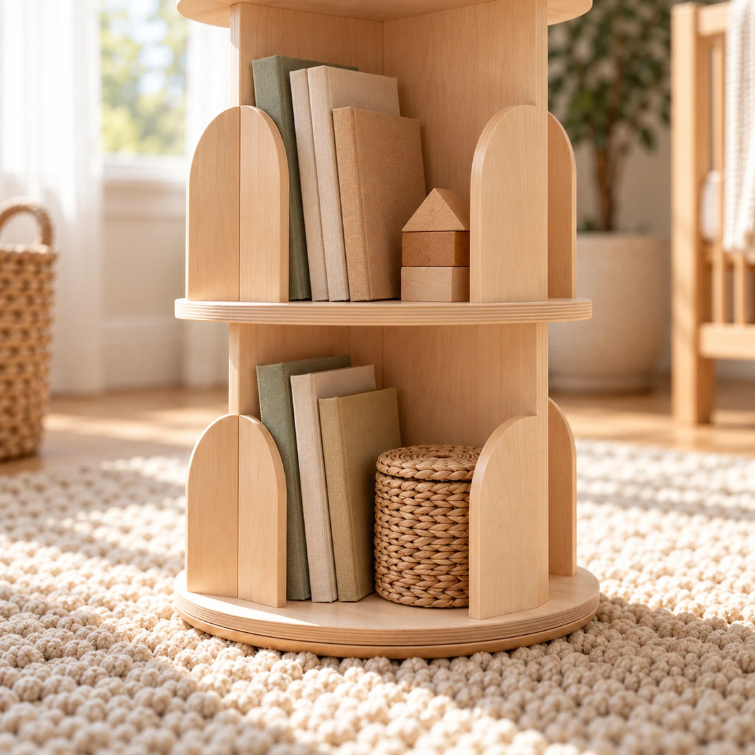 Détail des rangements inférieurs de la bibliothèque enfant en bois