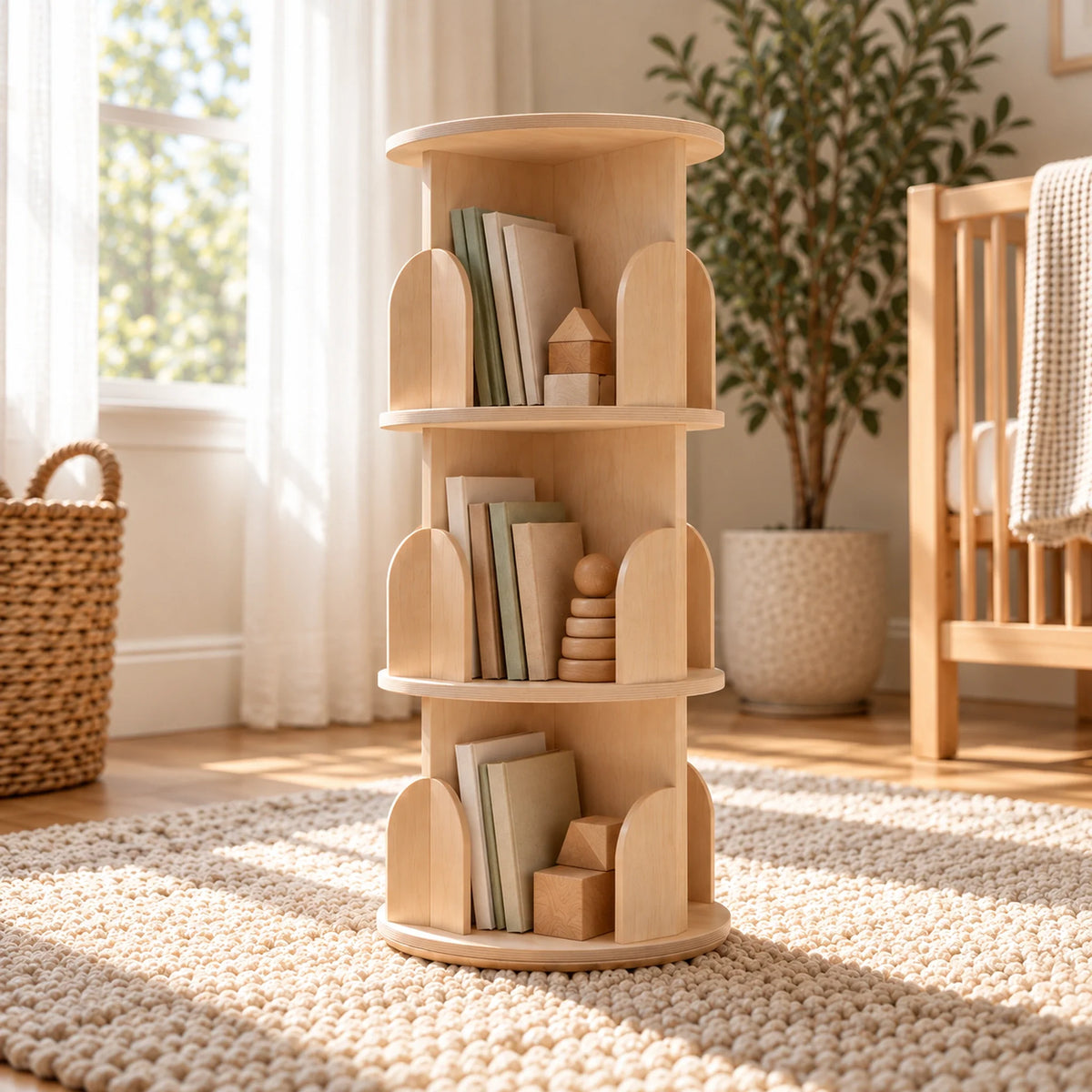 Bibliothèque Enfant Tournante en Bois Naturel – 3 Étages Montessori