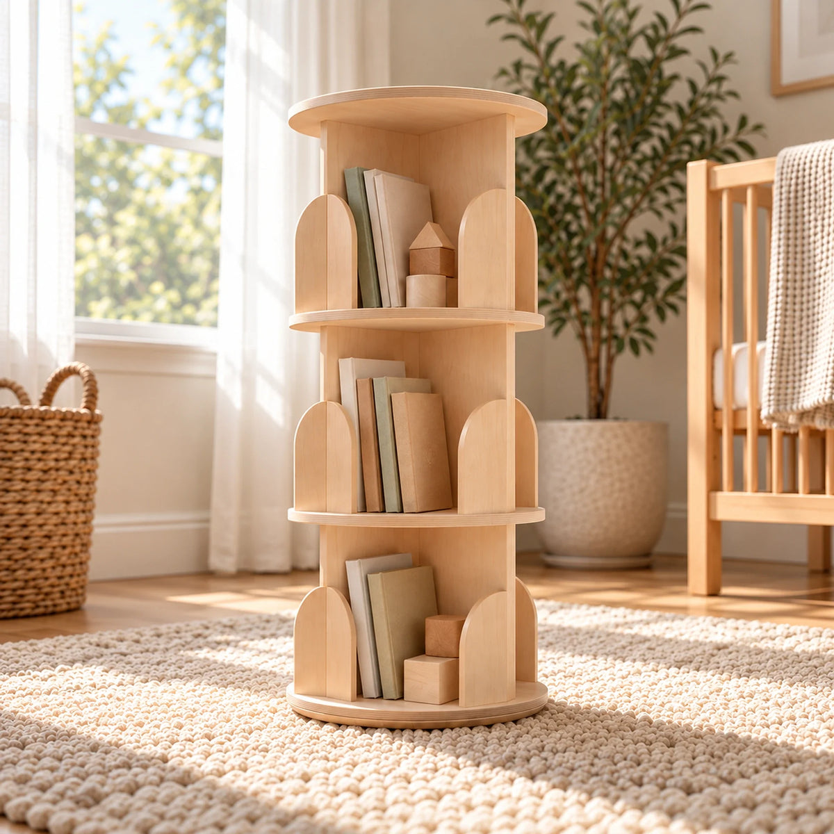 Vue rapprochée de la bibliothèque enfant en bois naturel à trois étages