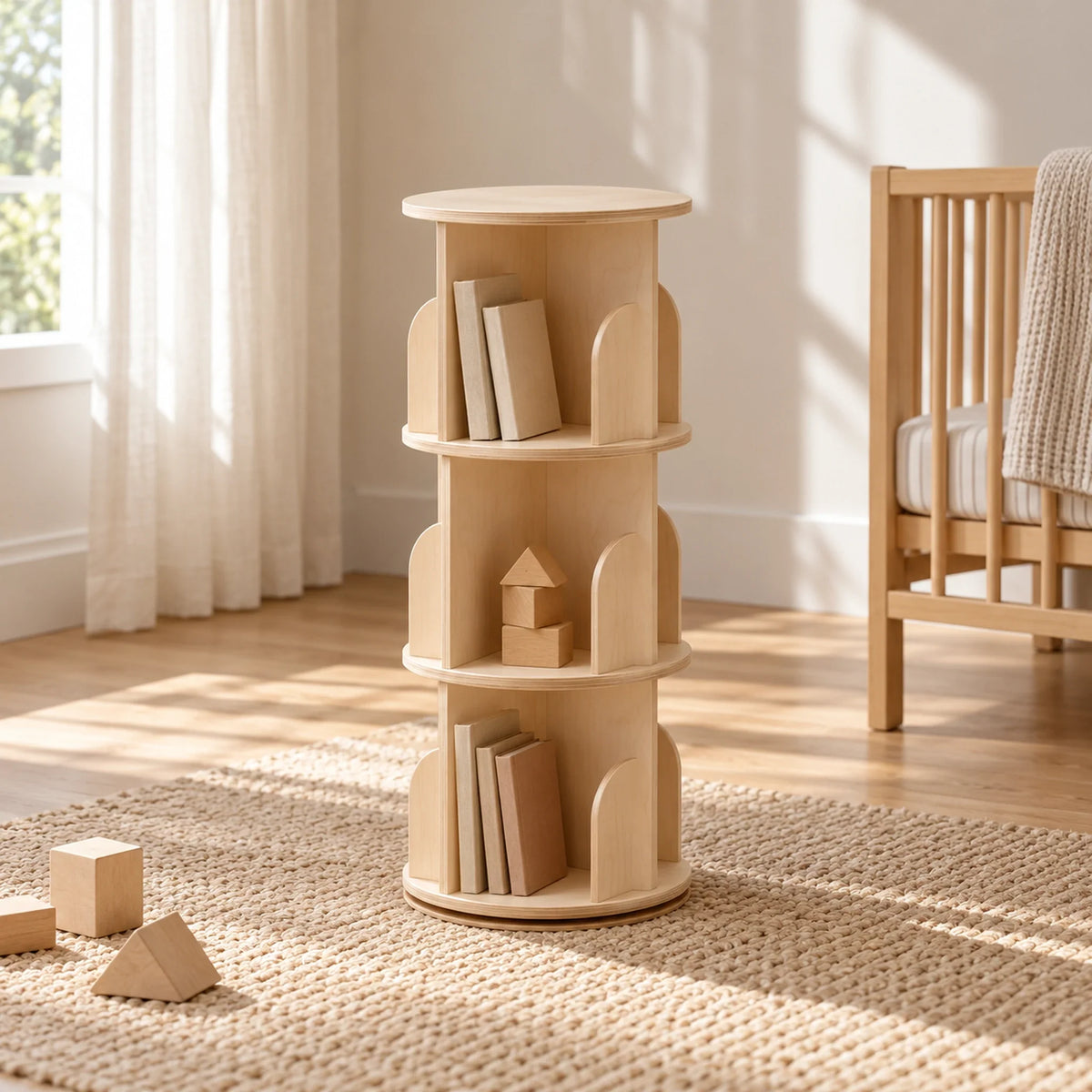 Bibliothèque tournante Montessori 3 étages en bois naturel, vue large de chambre lumineuse