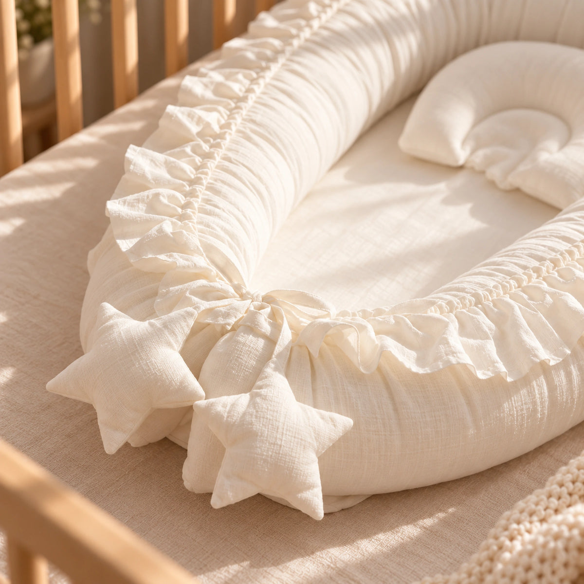 Nid de lit bébé Blanc – détail étoiles et nœud