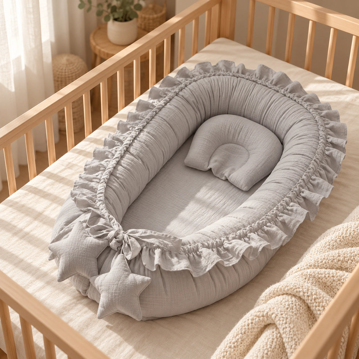 Nid de lit bébé Gris – vue d’ensemble dans le berceau