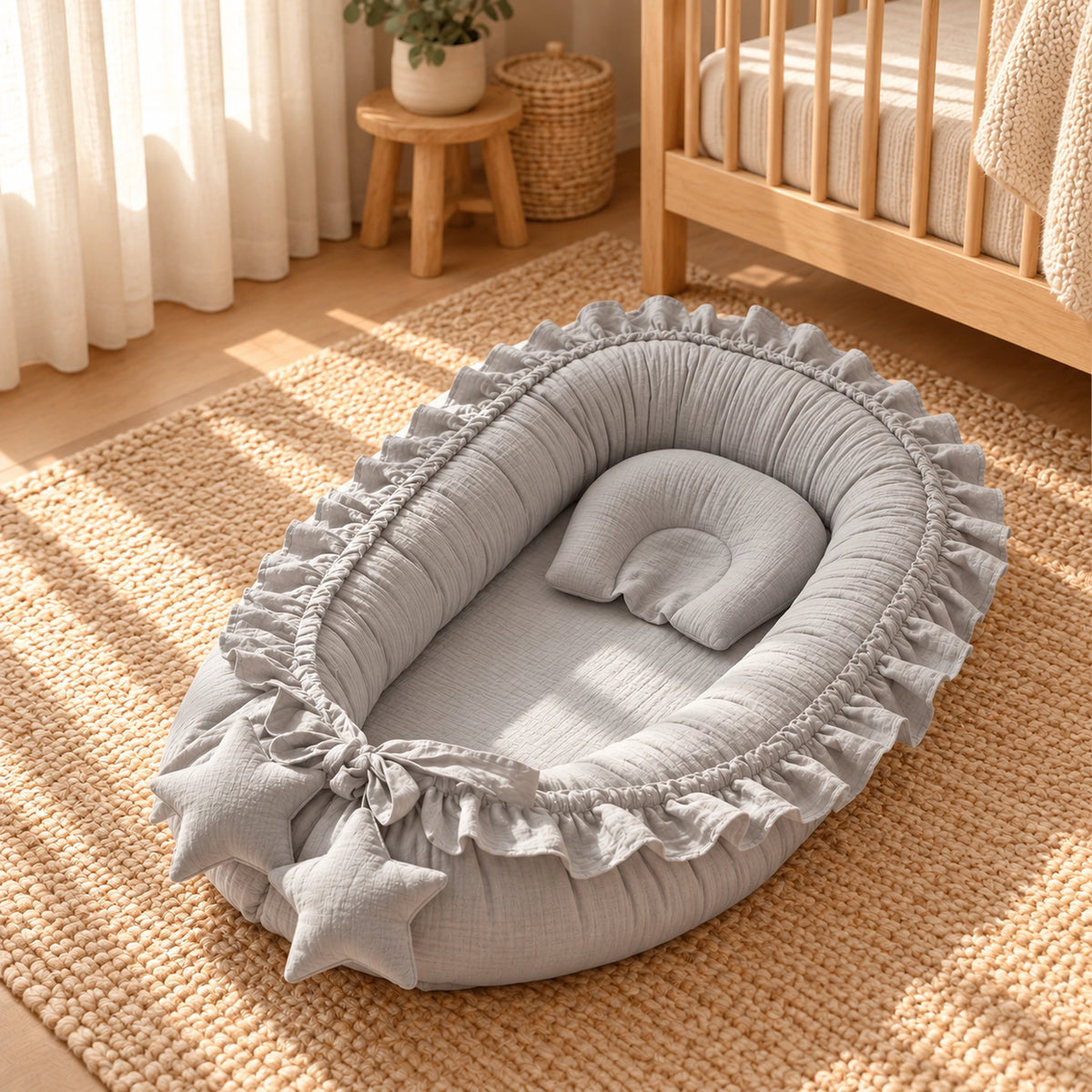 Nid de lit bébé Gris – ambiance de chambre naturelle