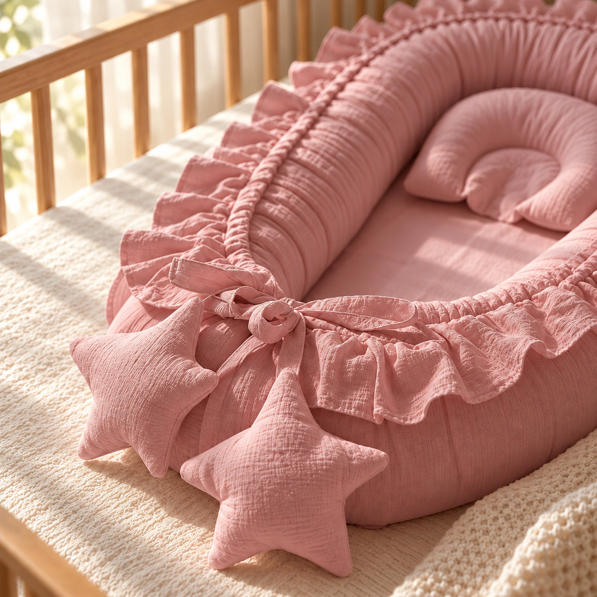 Nid de lit bébé Rose – détail étoiles et nœud
