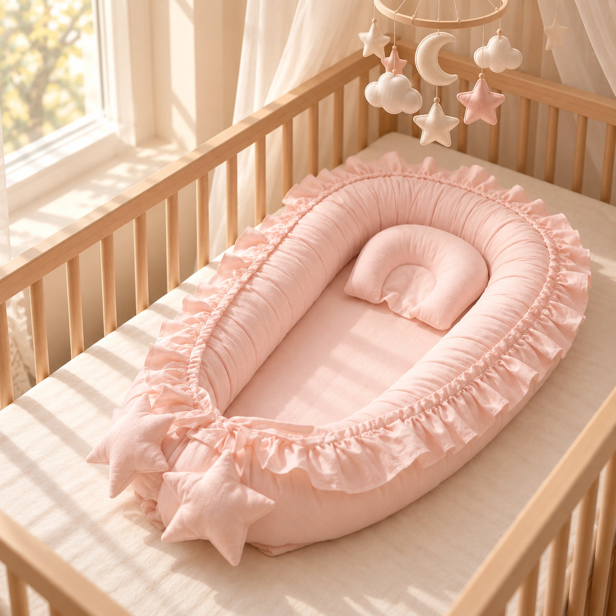 Nid de lit bébé Rose clair – vue en situation dans le berceau