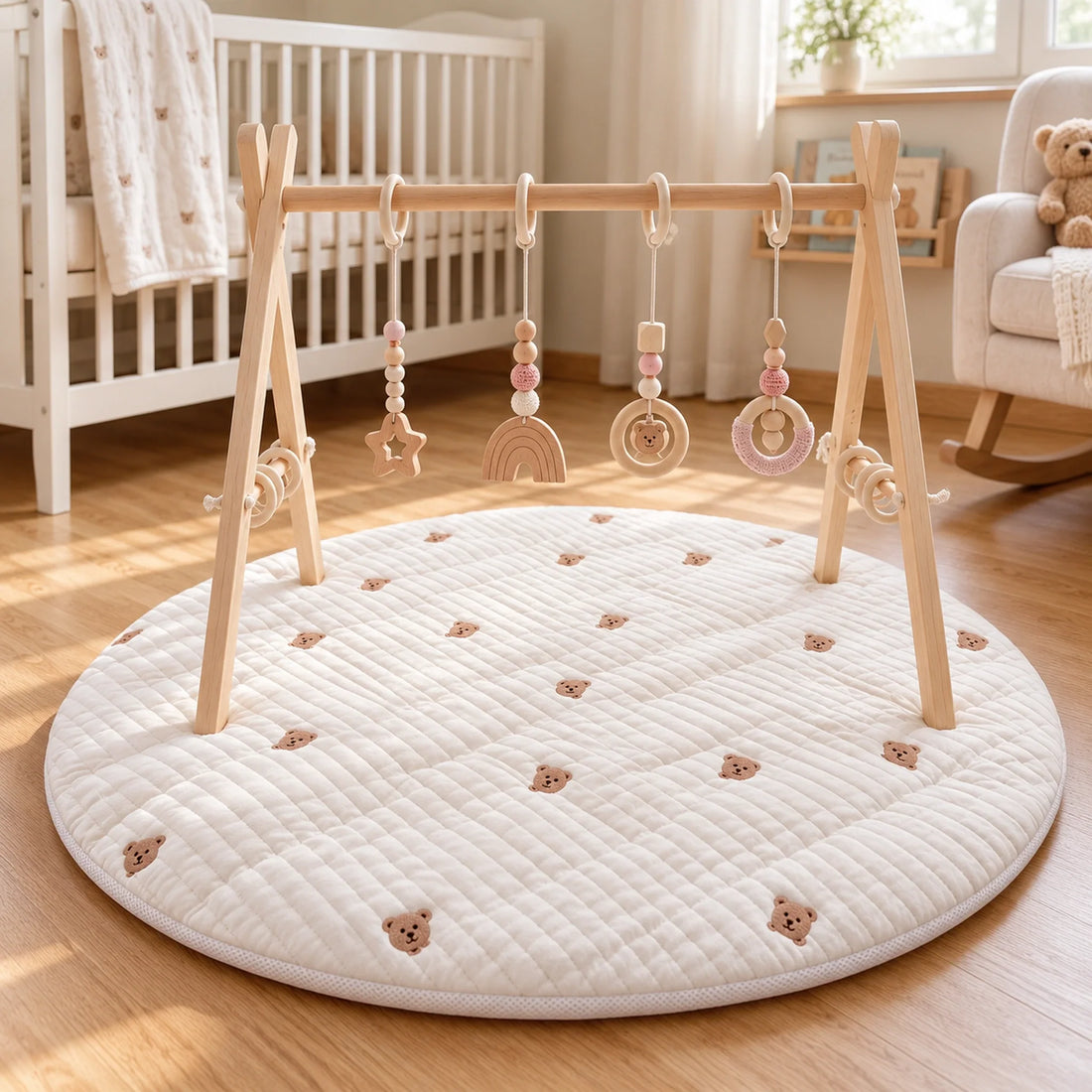 Pack tapis d’éveil rond en coton et arche d’éveil en bois