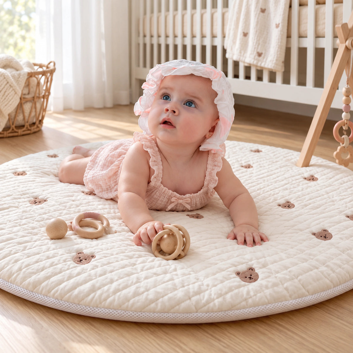 Bébé sur le tapis d'éveil rond en coton matelassé avec oursons brodés