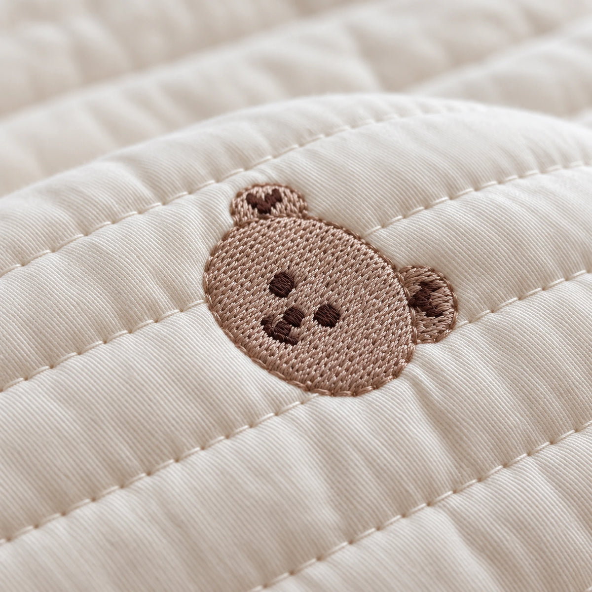 Gros plan sur les oursons brodés et le coton matelassé du tapis d'éveil rond