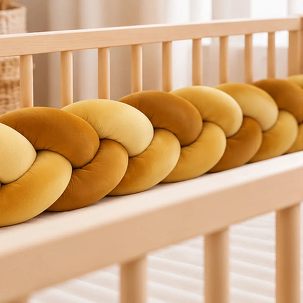 Tour de lit bébé tressé, coloris Jaune moutarde, installé dans un lit bébé, vue sous un autre angle