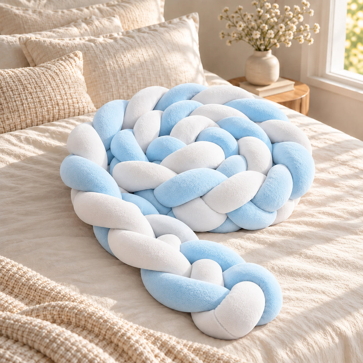 Tour de lit bébé tressé bleu ciel et blanc, enroulé en spirale sur un lit