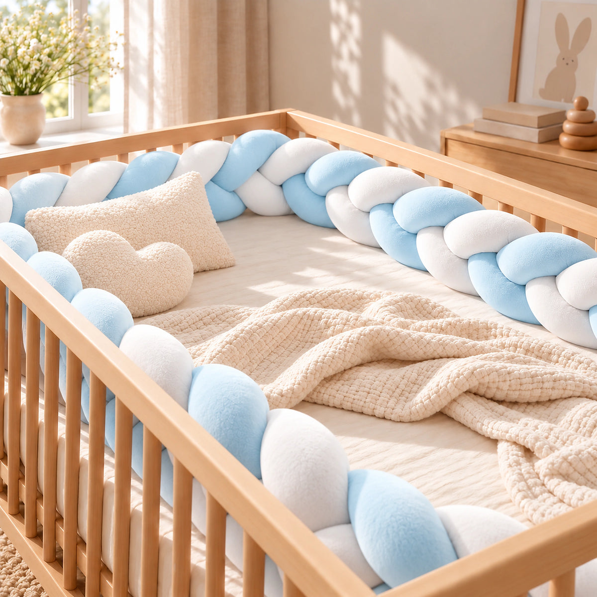 Tour de lit bébé tressé bleu ciel et blanc installé dans un lit bébé en bois