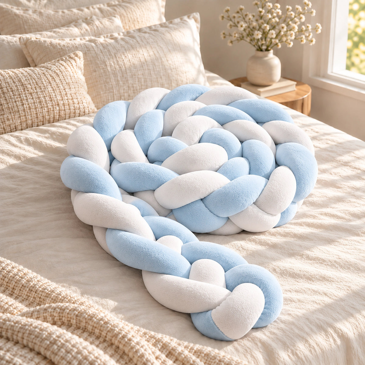 Tour de lit bébé tressé bleu ciel et blanc enroulé de façon compacte sur un lit