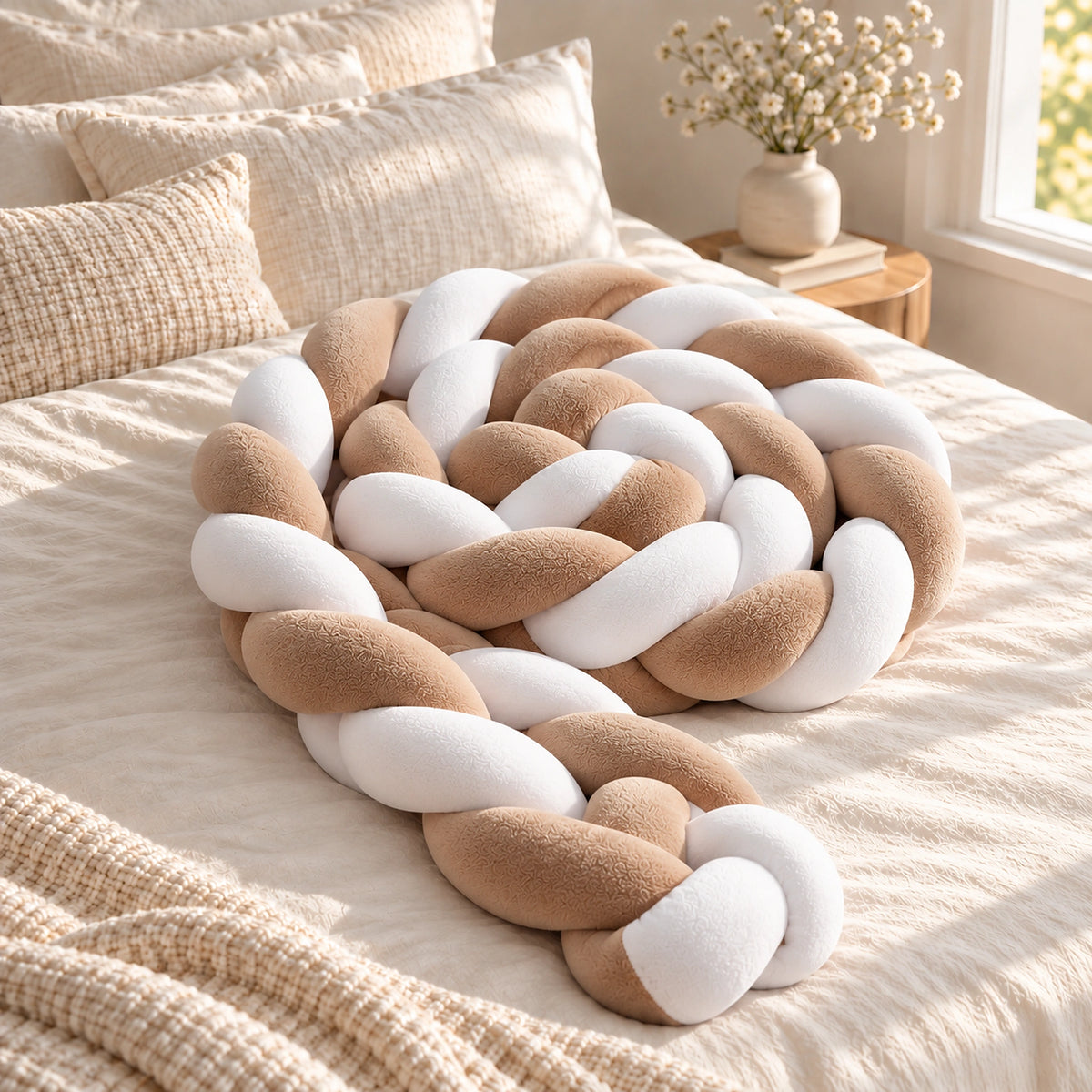 Tour de lit bébé tressé caramel et blanc, enroulé en spirale sur un lit