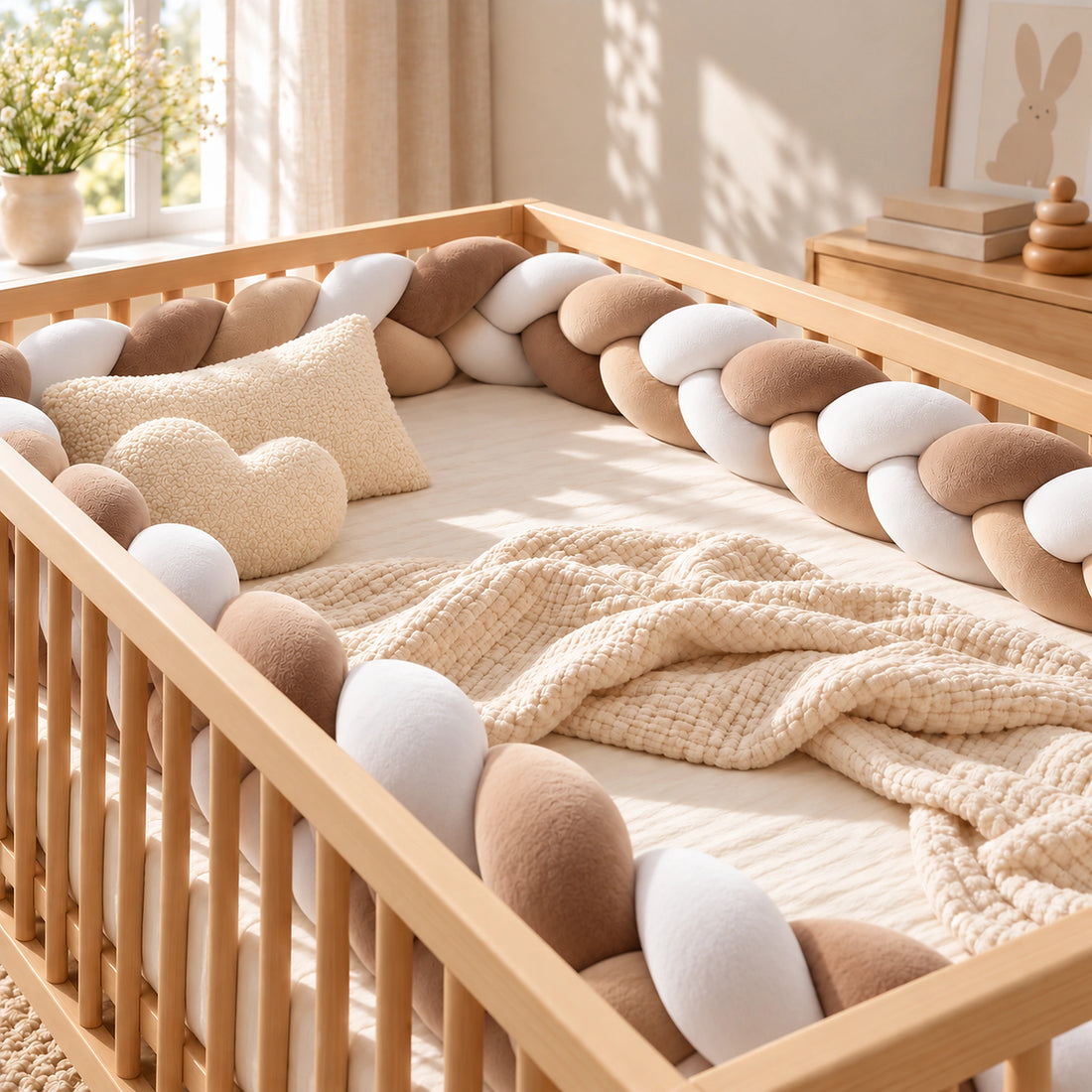 Tour de lit bébé tressé caramel et blanc installé dans un lit bébé en bois
