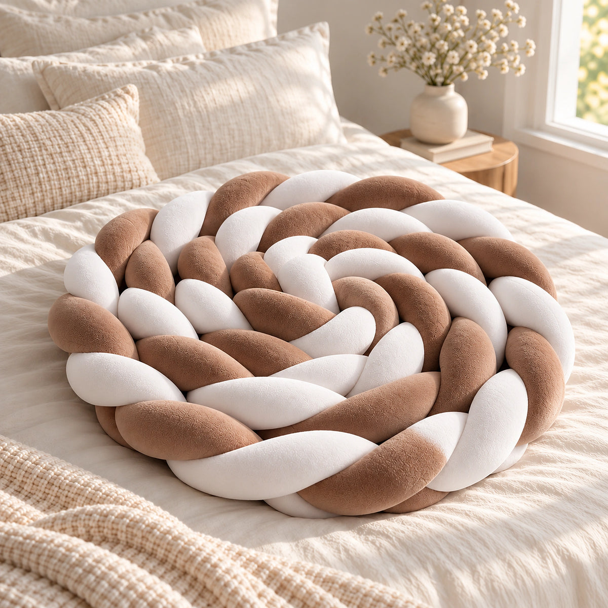 Tour de lit bébé tressé caramel et blanc enroulé de façon compacte sur un lit