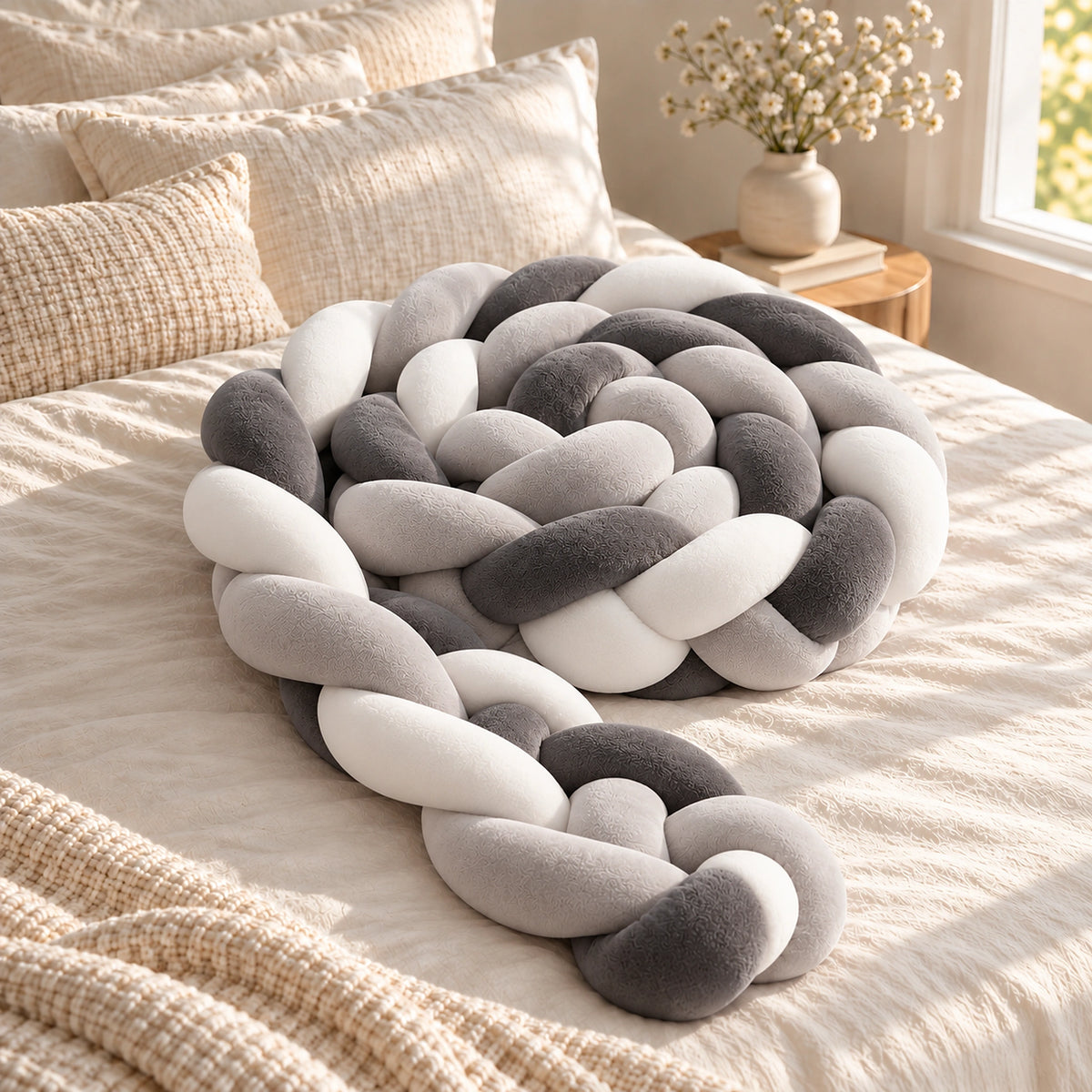 Tour de lit bébé tressé gris et blanc, enroulé en spirale sur un lit