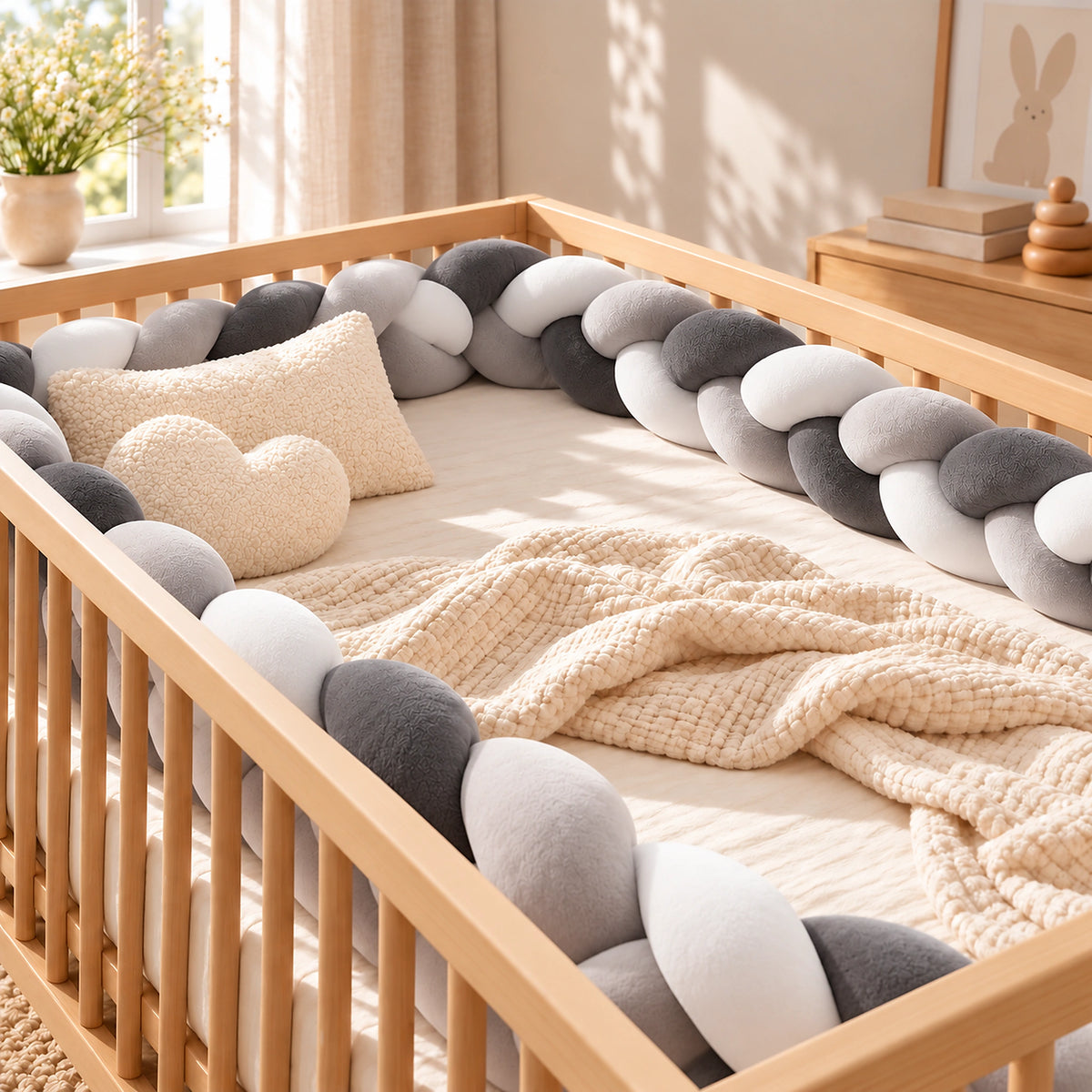 Tour de lit bébé tressé gris et blanc installé dans un lit bébé en bois