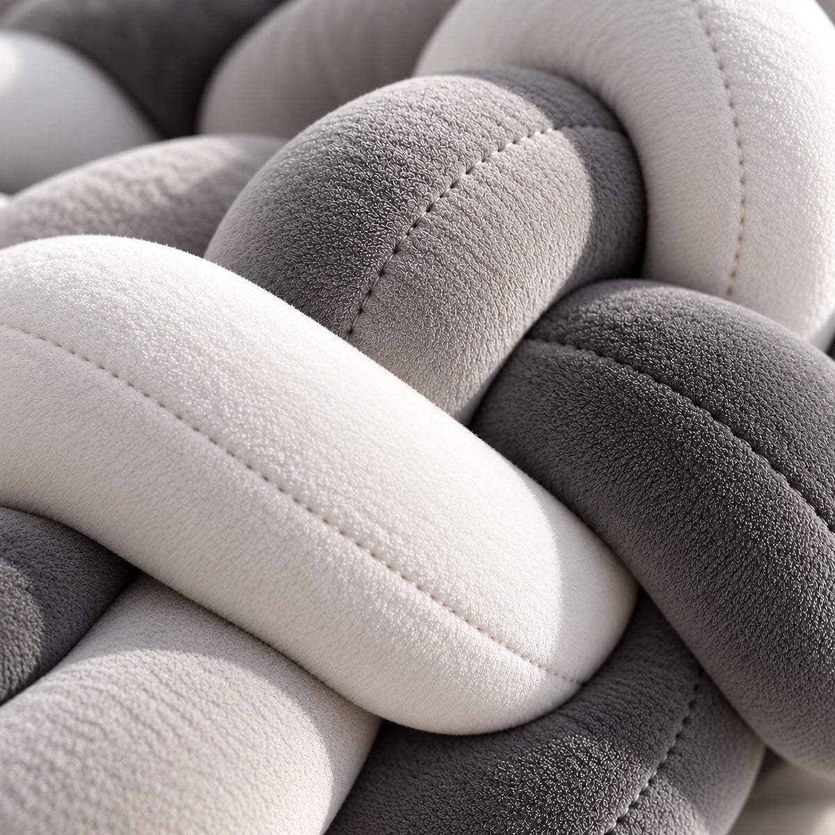 Gros plan sur la texture du tour de lit bébé tressé gris et blanc