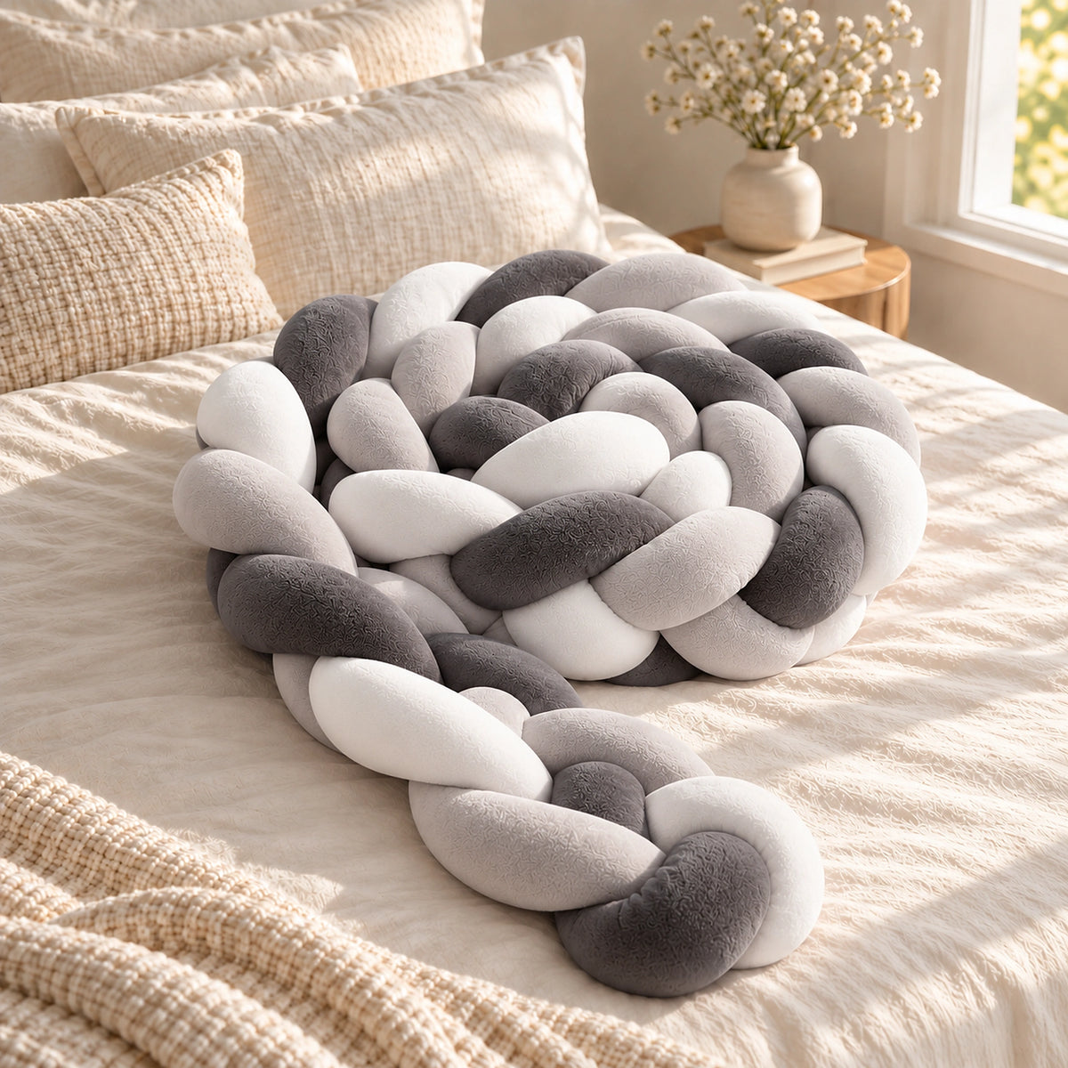 Tour de lit bébé tressé gris et blanc enroulé de façon compacte sur un lit