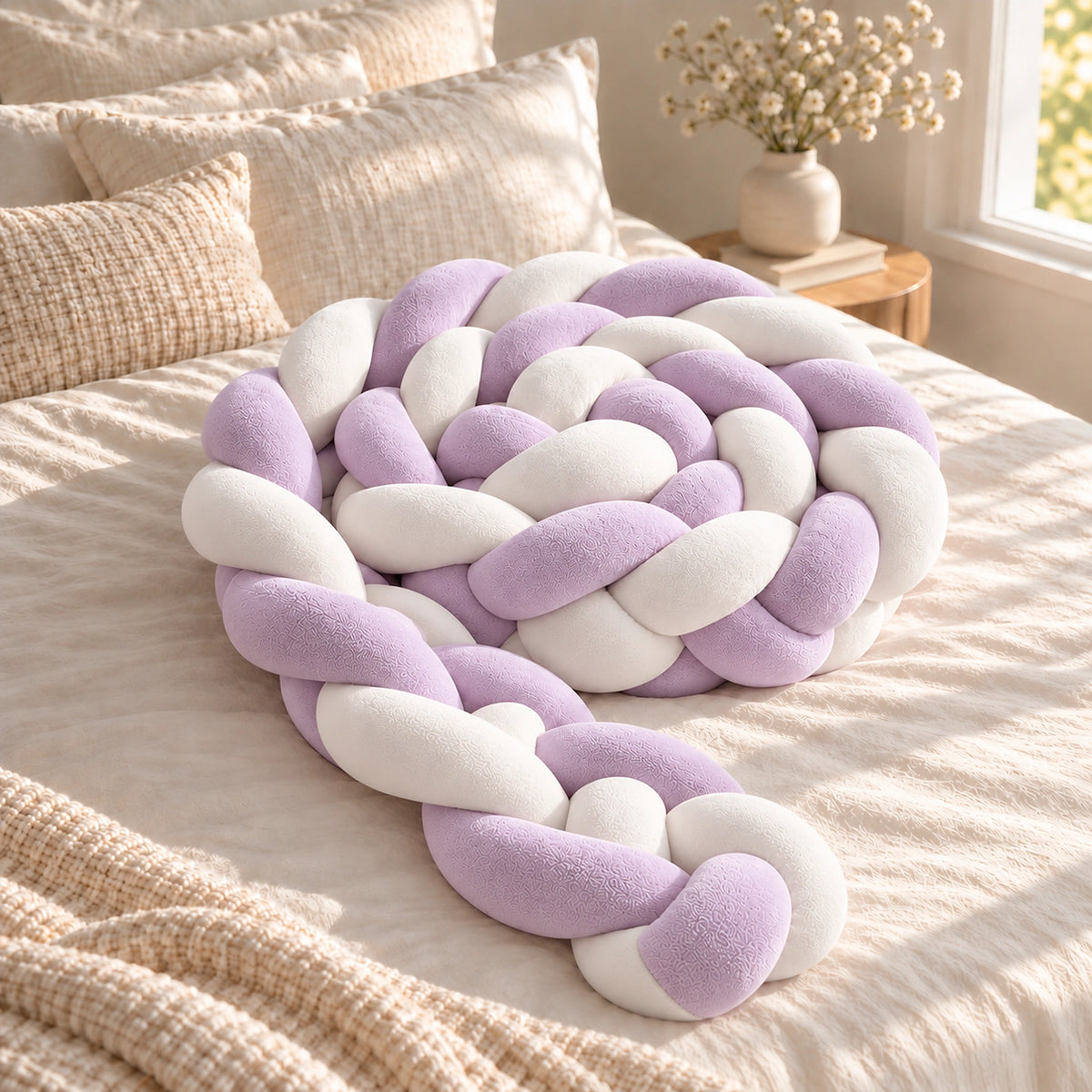 Tour de lit bébé tressé lilas et blanc, enroulé en spirale sur un lit
