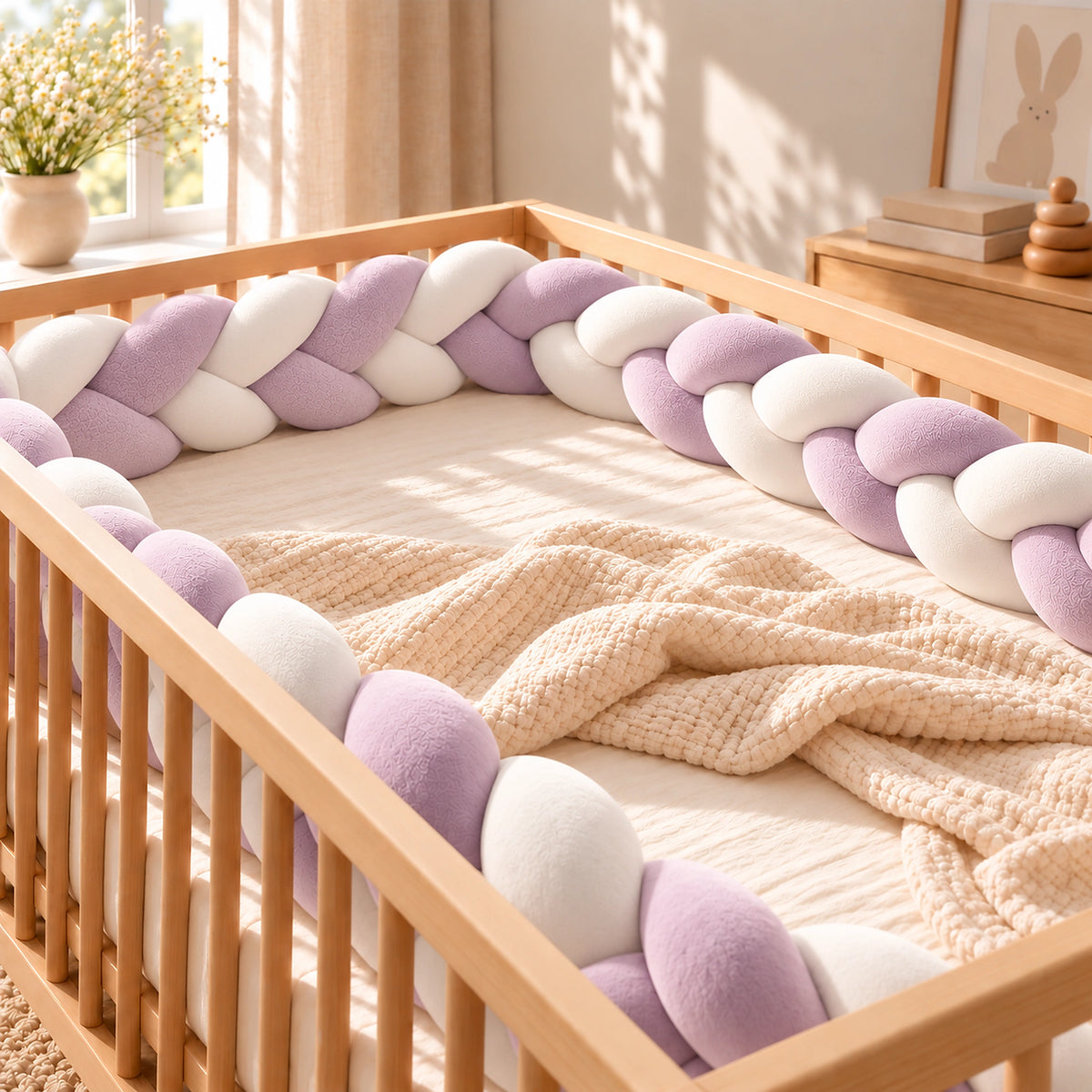 Tour de lit bébé tressé lilas et blanc installé dans un lit bébé en bois
