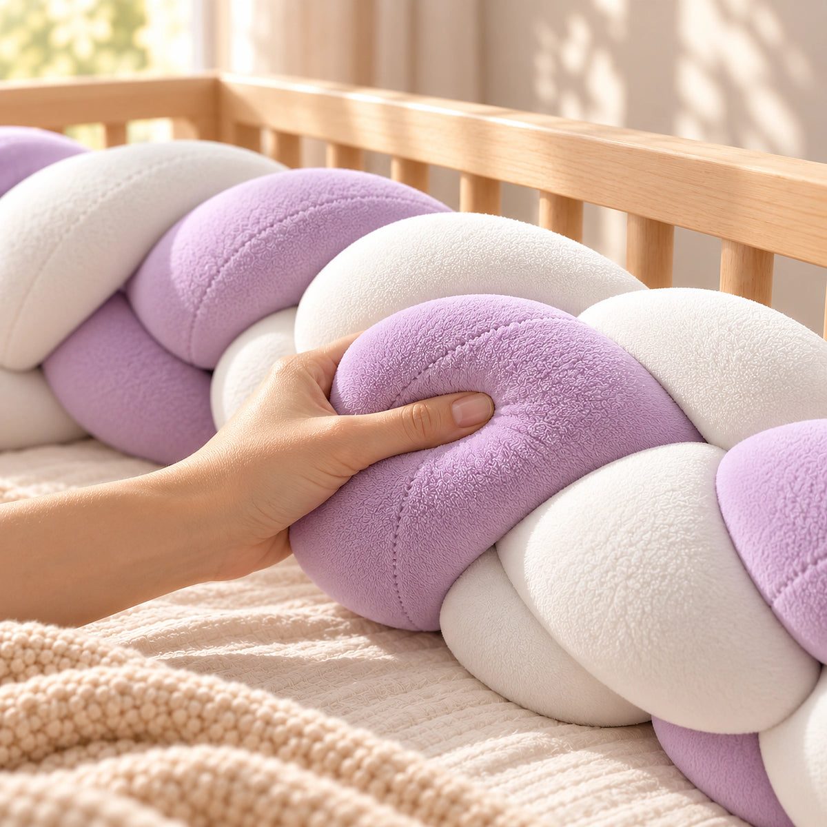 Tour de lit bébé tressé lilas et blanc tenu en main pour montrer son moelleux