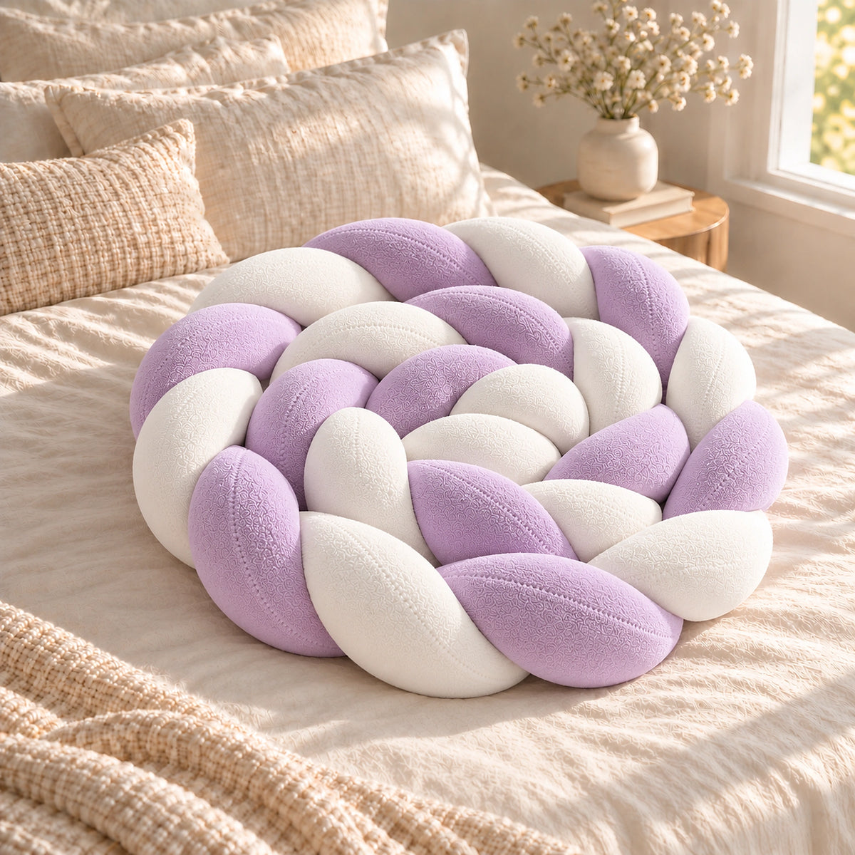 Tour de lit bébé tressé lilas et blanc enroulé de façon compacte sur un lit