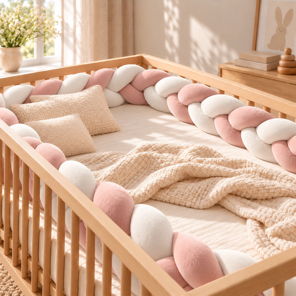 Tour de lit bébé tressé rose et blanc installé dans un lit bébé en bois