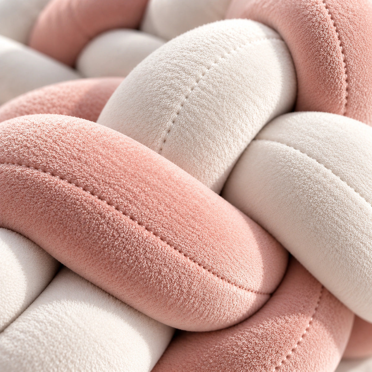 Gros plan sur la texture du tour de lit bébé tressé rose et blanc