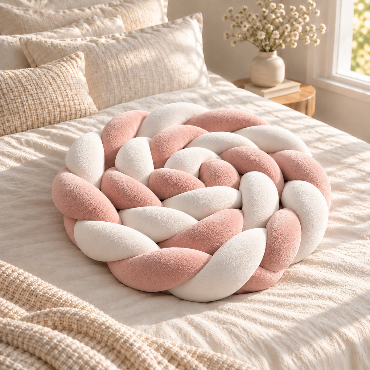 Tour de lit bébé tressé rose et blanc enroulé de façon compacte sur un lit