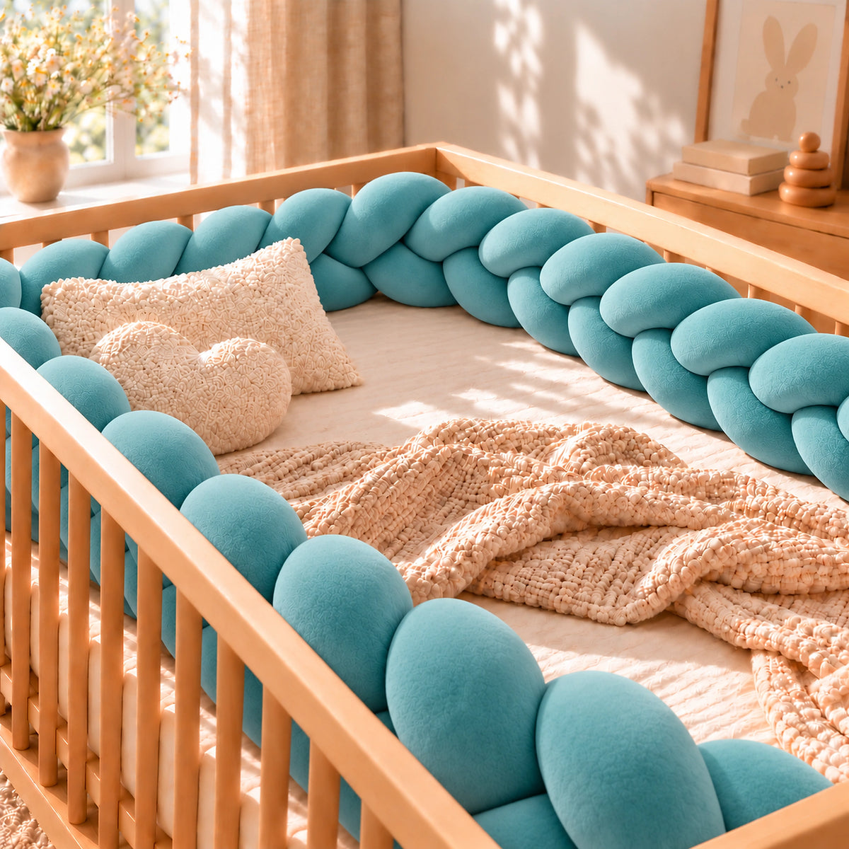 Tour de lit bébé tressé, coloris Bleu canard, installé dans un lit bébé en bois