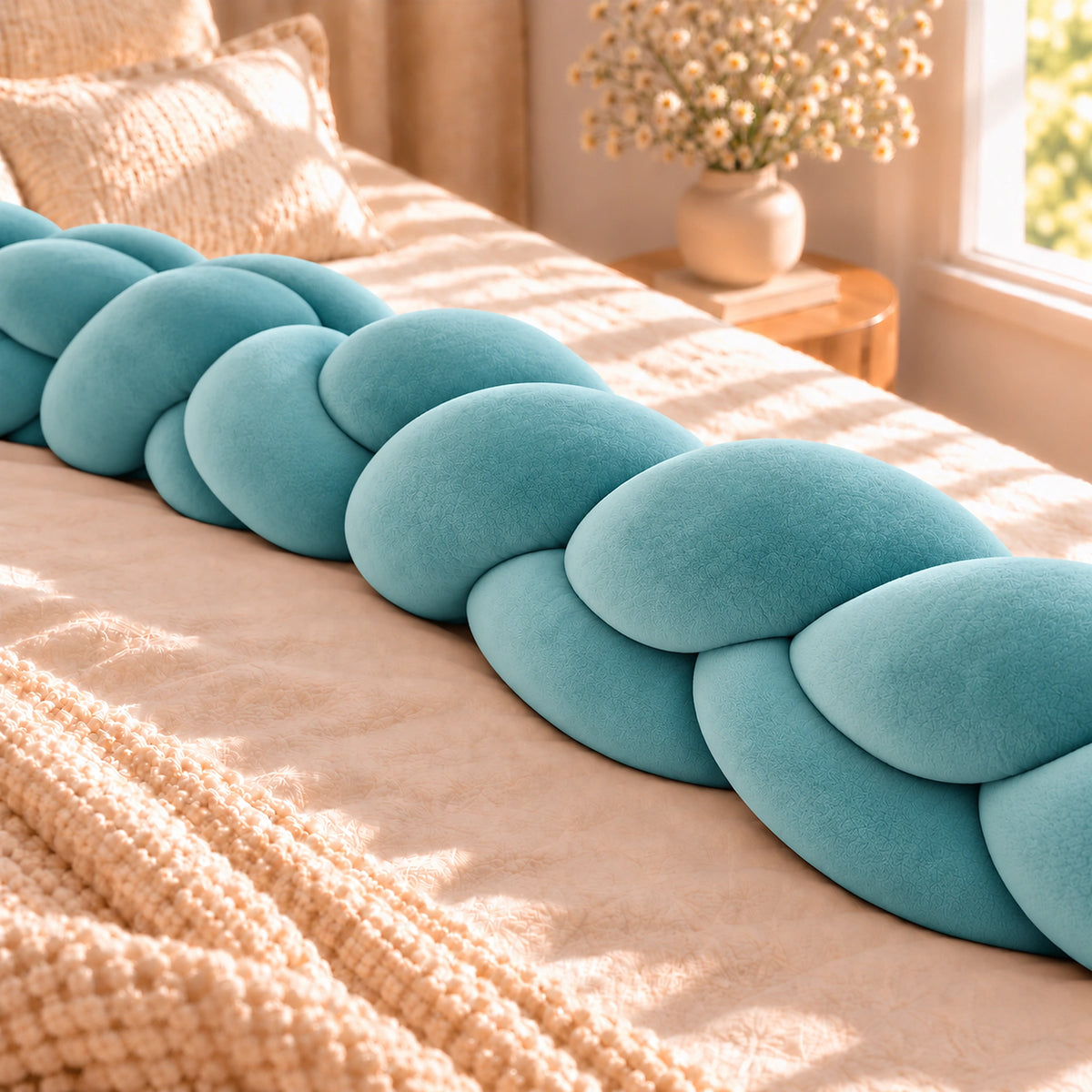 Tour de lit bébé tressé, coloris Bleu canard, déplié sur un lit