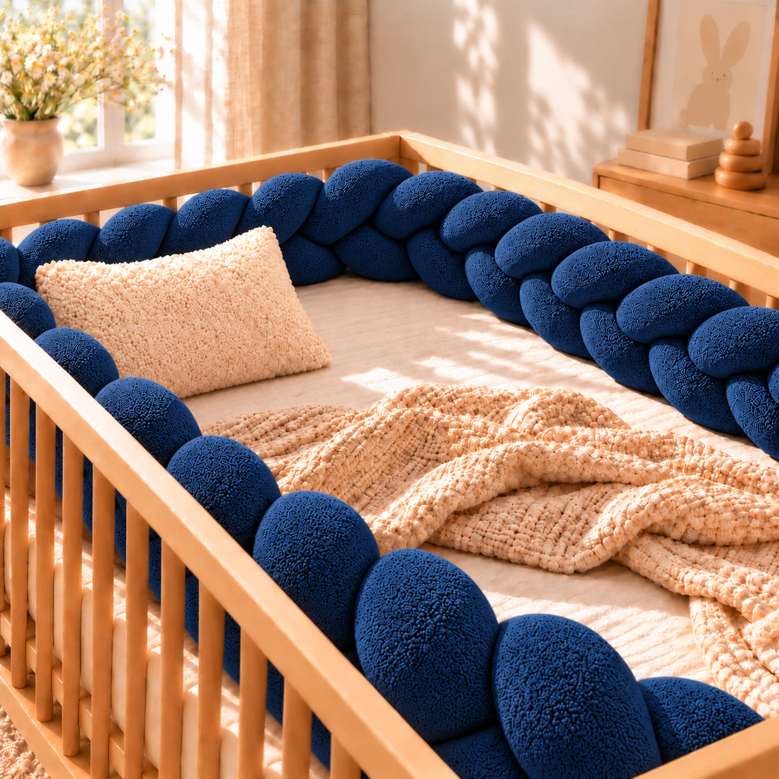 Tour de lit bébé tressé, coloris Bleu marine, installé dans un lit bébé en bois