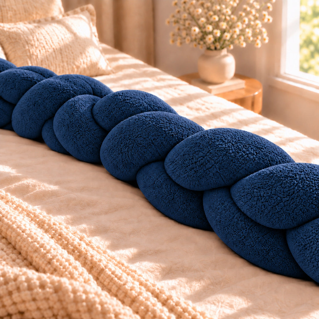 Tour de lit bébé tressé, coloris Bleu marine, déplié sur un lit