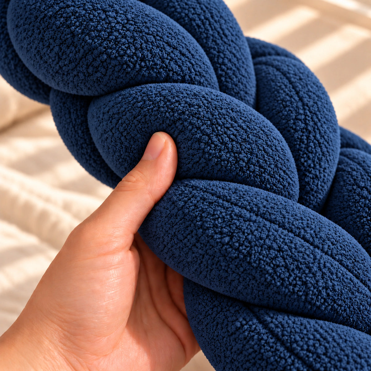 Tour de lit bébé tressé, coloris Bleu marine, main pressant la tresse pour montrer le moelleux
